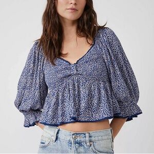 Free People Brittnee Printed Top Blue Floral